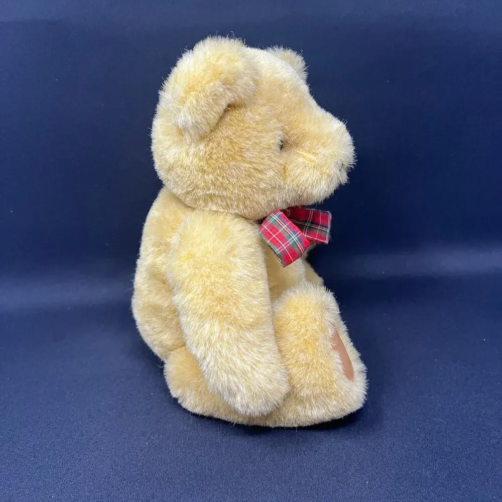 Gund Bear Plush 1982 Plaid Red Bow Seated‎ Tan Brown Jointed Teddy Vintage